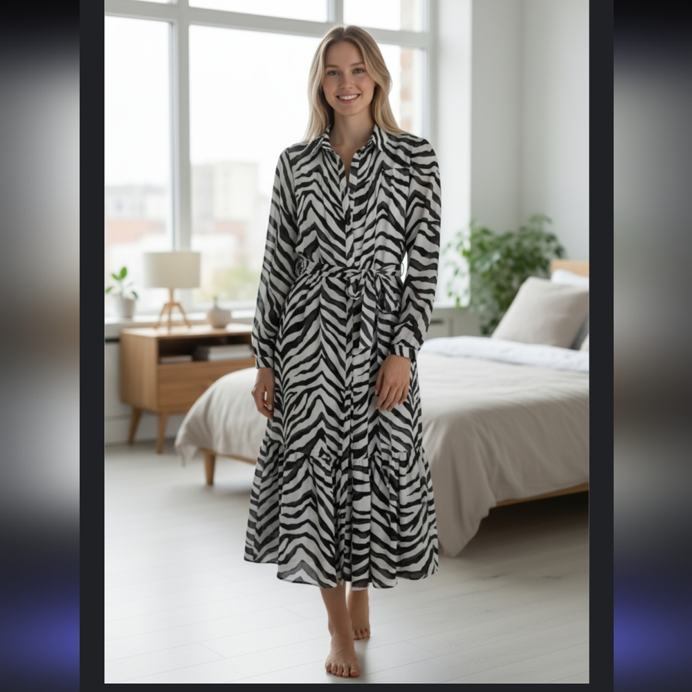 Banana Republic Black and White Wrap Dress with Bishop Sleeves